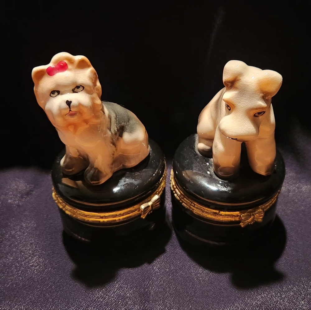 Vintage Porcelain Trinket Boxes, Schnauzer And Yorkie